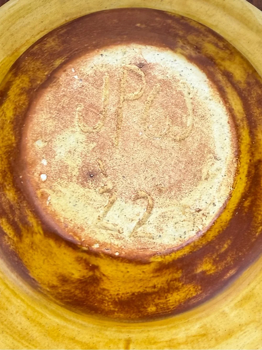 Signed Studio Pottery Bowl Honey Gold Amber Layered Glaze Carved Leaf Design